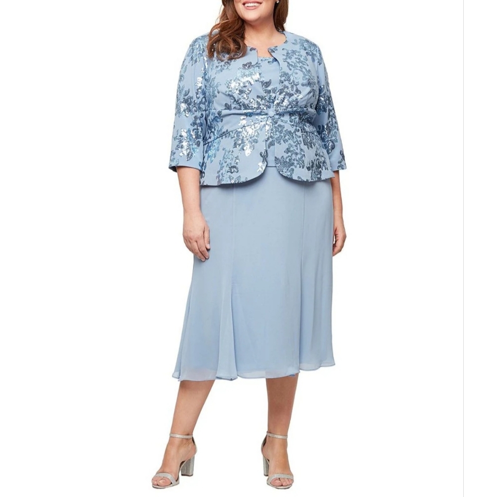 Alex Evenings Light Blue Floral Embellished Midi Dress